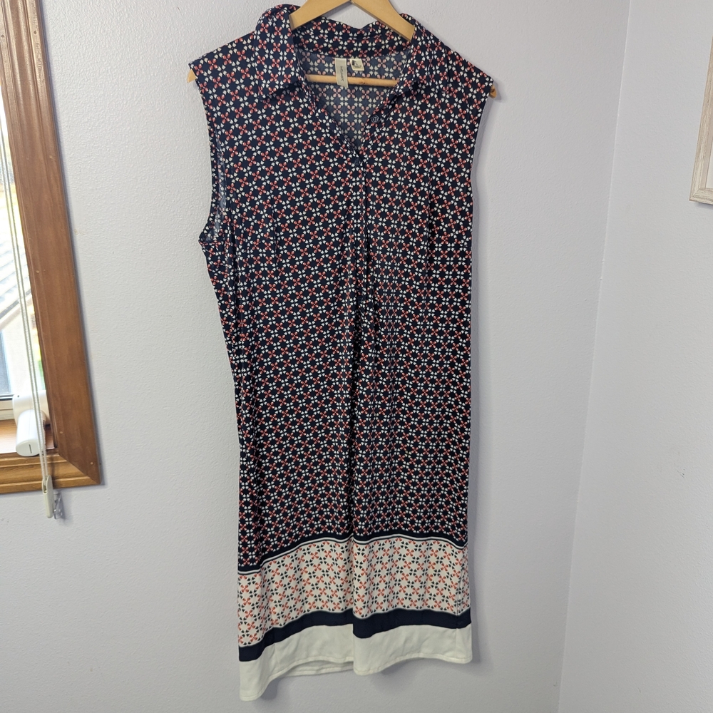Tacera Sleeveless‎ Collared Midi Dress Size Large, Navy Geometric Print